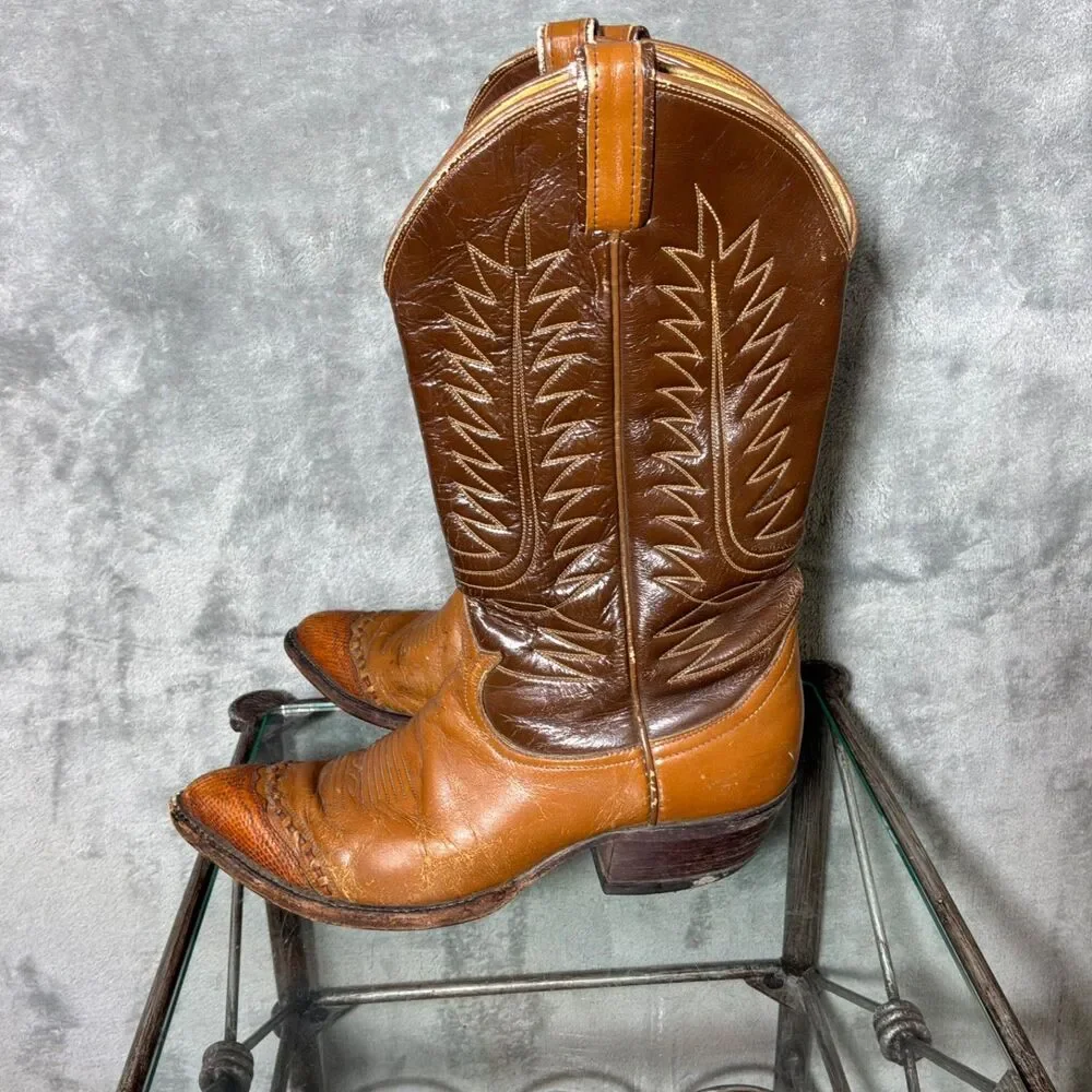VTG. Tony Lama Boots 6243  Lizard Wingtip Leather Men  7.5E Lemonwood pegs Read*